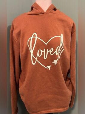 Terracotta Rust "Loved" Graphic Cursive Heart Arrow Pullover Maternity Hoodie-L